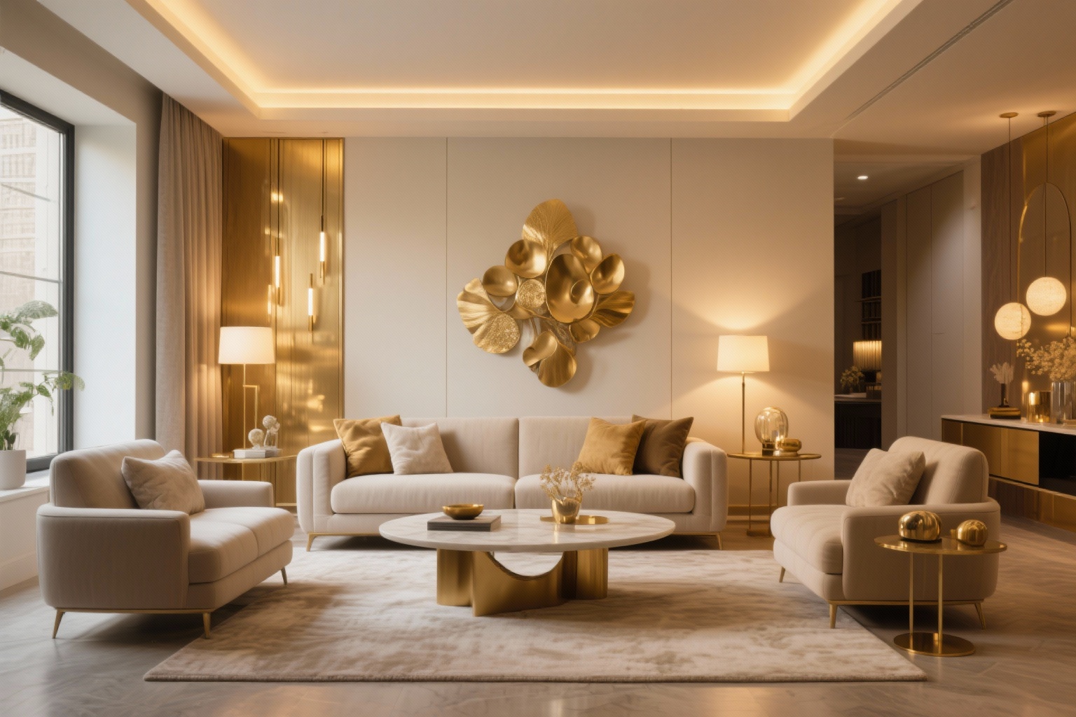 Modern living room interior design with warm golden lighting