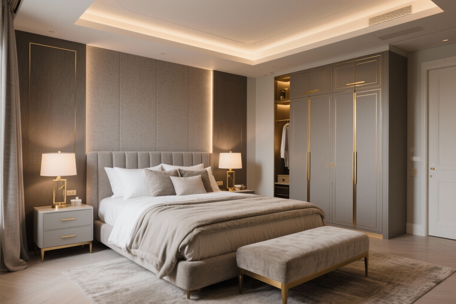 Elegant master bedroom interior with custom lighting
