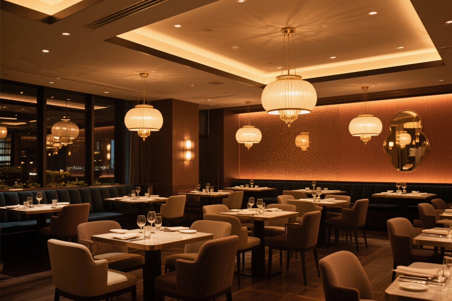 Upscale restaurant interior with custom lighting design