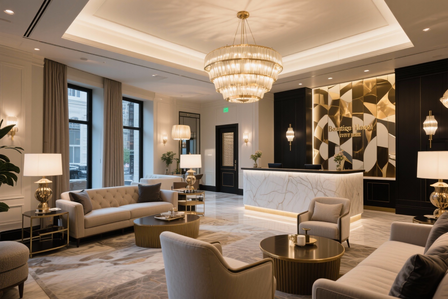 Elegant boutique hotel lobby with custom furniture