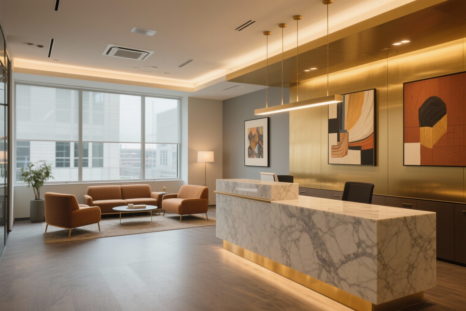 Modern commercial office interior with warm golden lighting