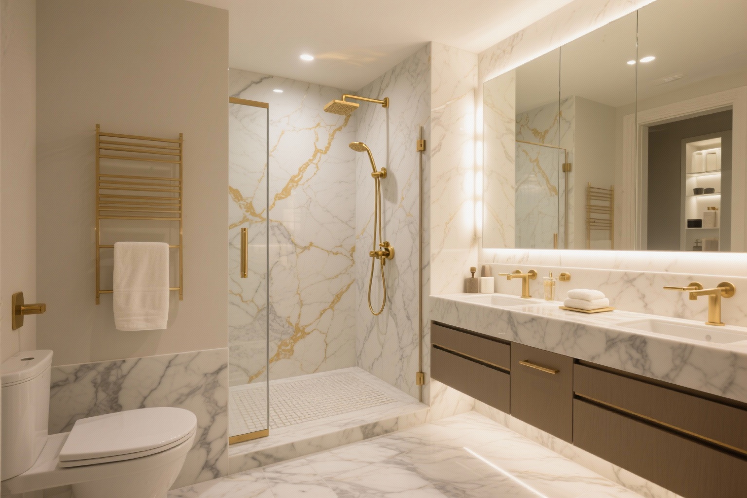 Luxury bathroom renovation with walk-in shower and marble tiles