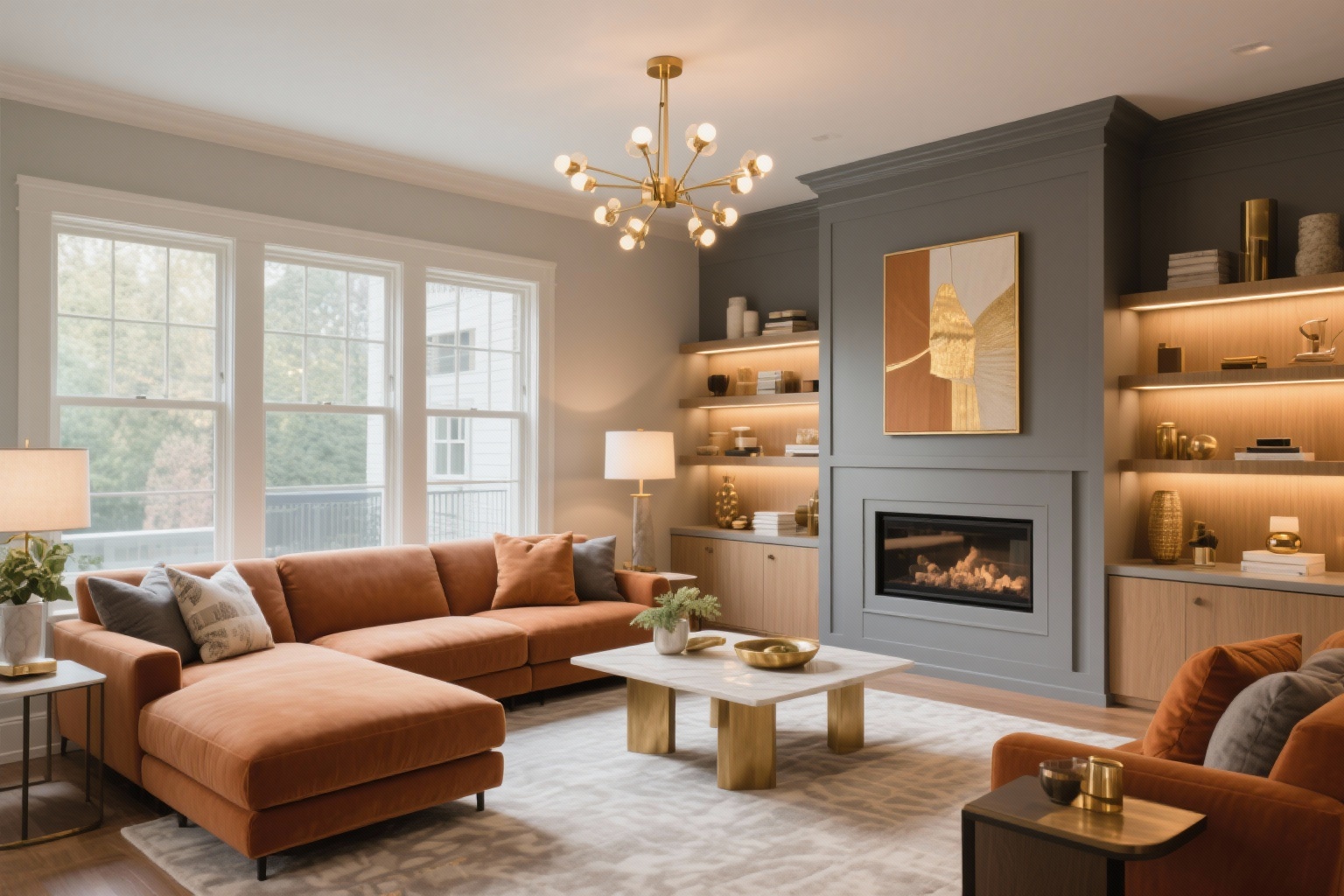 Residential living room with modern sectional sofa and custom built-ins