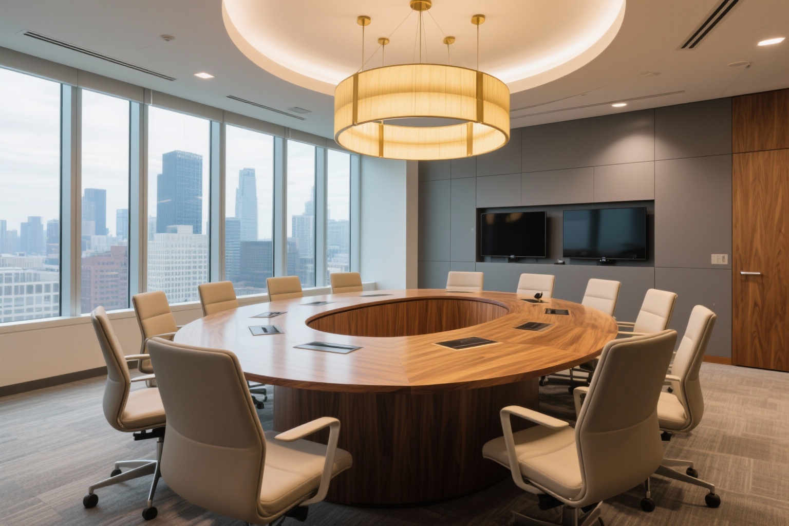 Modern conference room with oval table and city views
